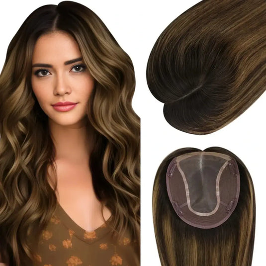 Woman with long wavy hair and a close-up of a hair topper on a white background