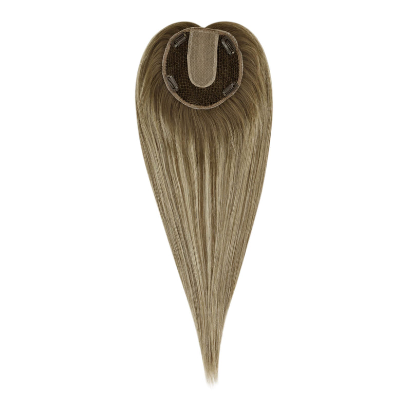 Load image into Gallery viewer, A long hair piece with a heart-shaped top and a tapered bottom, shown against a plain white background. The hair features a blend of light brown and blonde tones.
