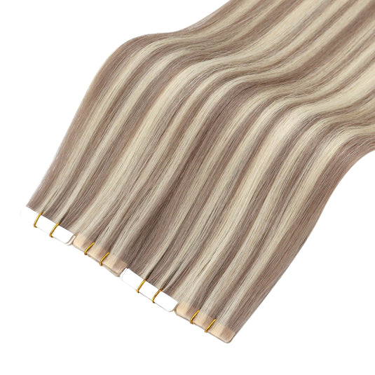 Ash Blonde Highlights Virgin Invisible Tape Hair Extensions (