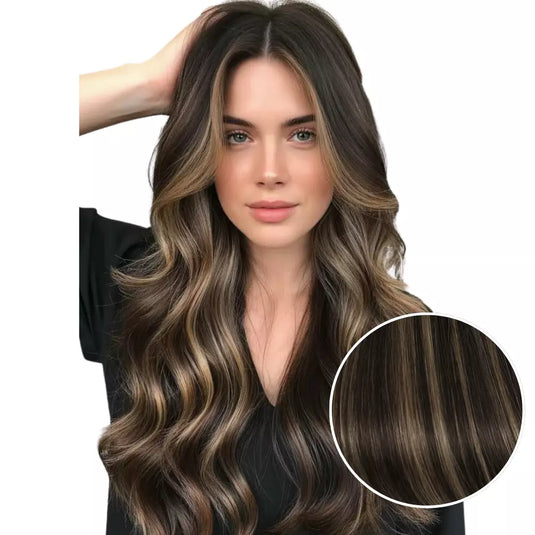 Woman with long, wavy hair featuring brown and blonde highlights, with a close-up of the hair color on a white background.