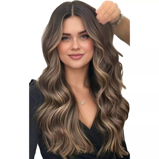 Balayage brown invisible tape in weft hair extensions on a white background