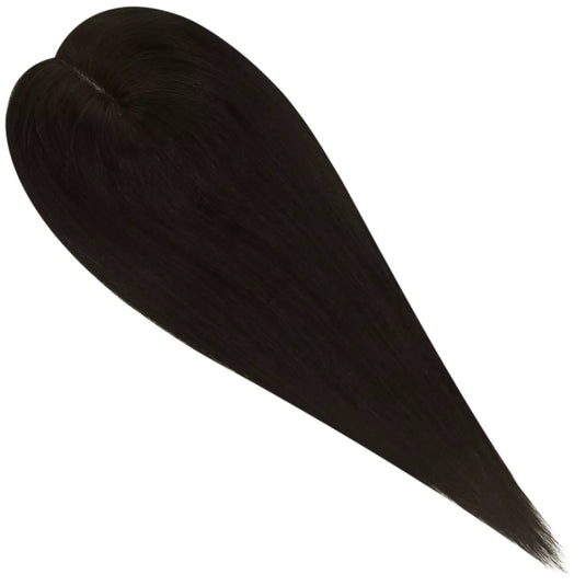 A heart-shaped hair swatch showing a natural black color on straight, 100% human hair, isolated on a white background.