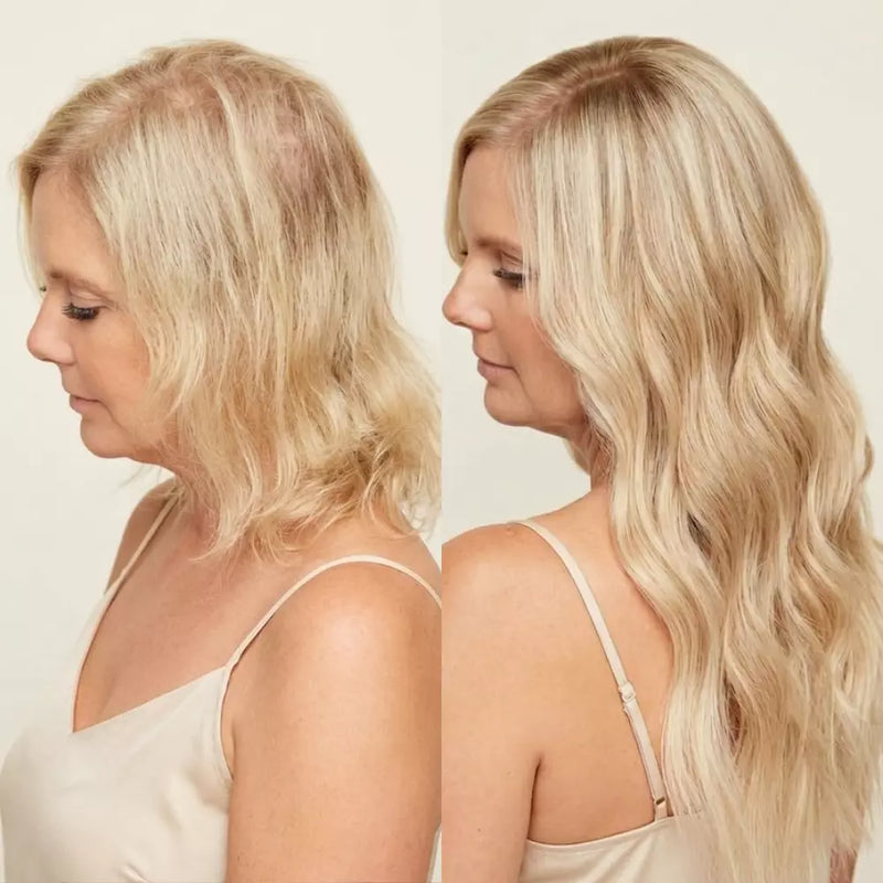Before and after comparison of a woman with blonde hair, wearing a blonde hair topper.