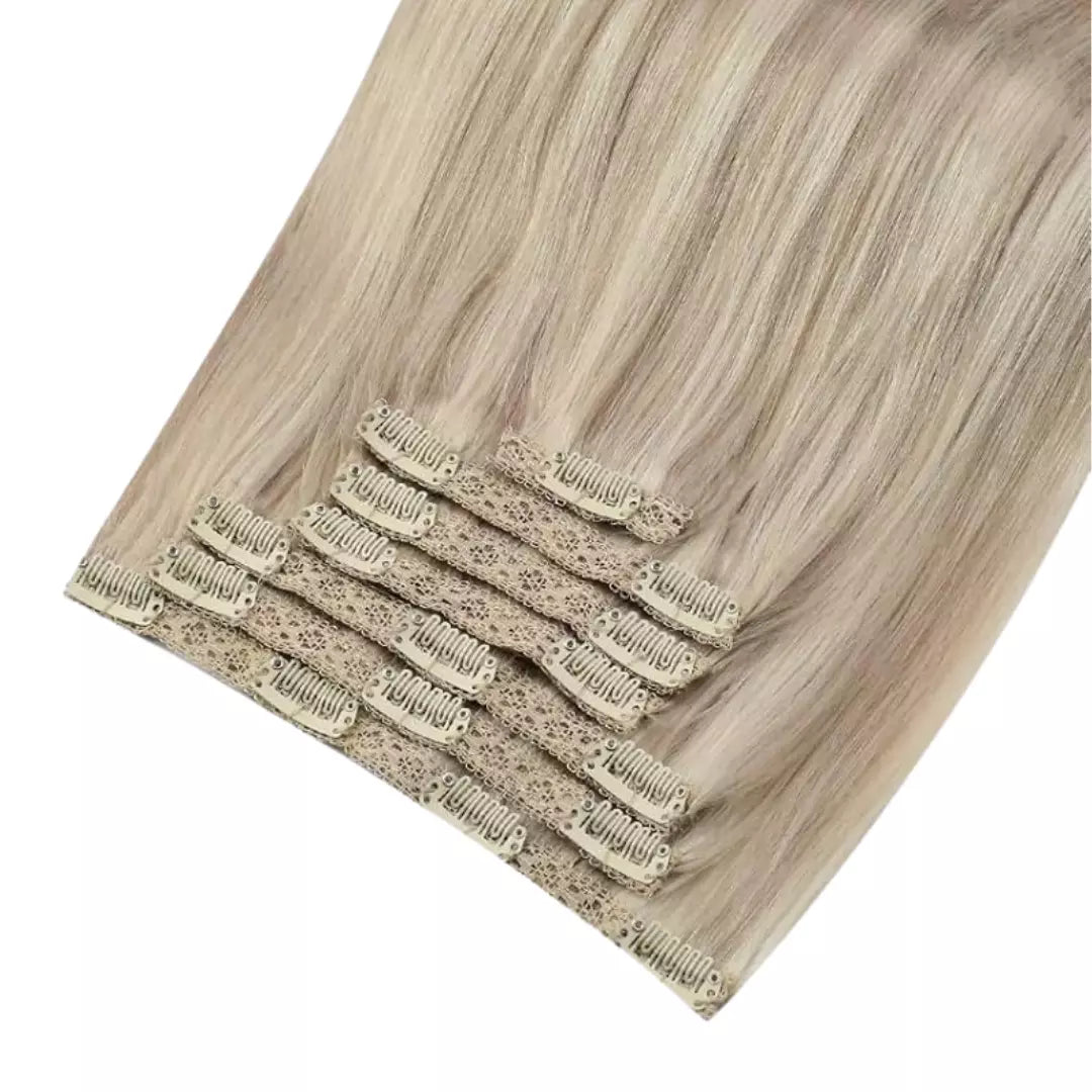 Silky Straight Clip in Hair Extensions Human Hair Lace Double Weft Blonde color 5 pcs 700g 14 Inch hair