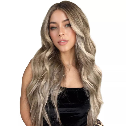 Highlight blonde invisible tape in weft hair extensions on a white background