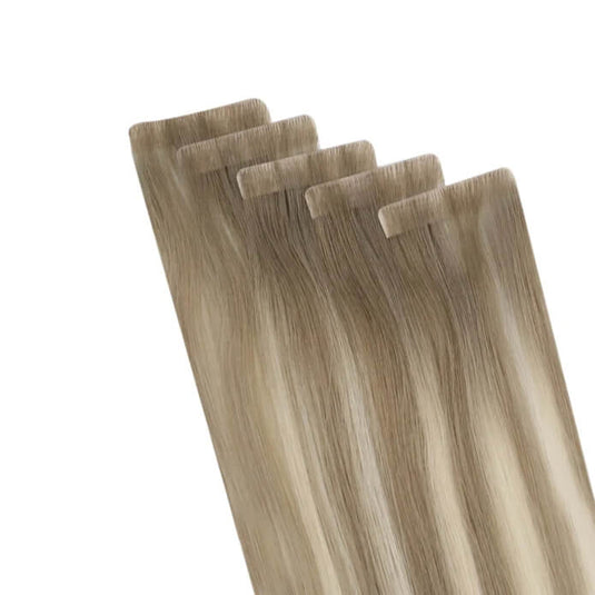 Moresoo light brown blonde balayage tape ins, 14-inch balayage extensions, premium balayage highlights, high-quality light brown blonde balayage, seamless balayage hair, invisible balayage extensions, luxurious brown blonde balayage, smooth balayage hair, natural balayage highlights, salon-quality balayage hair
