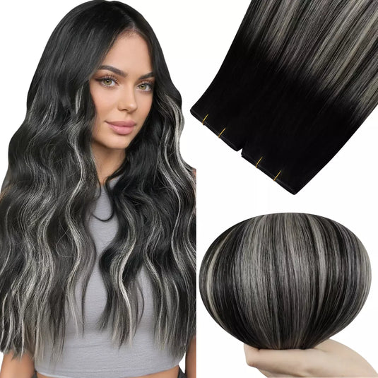 Woman with long wavy hair and close-up of hair extensions on a white background