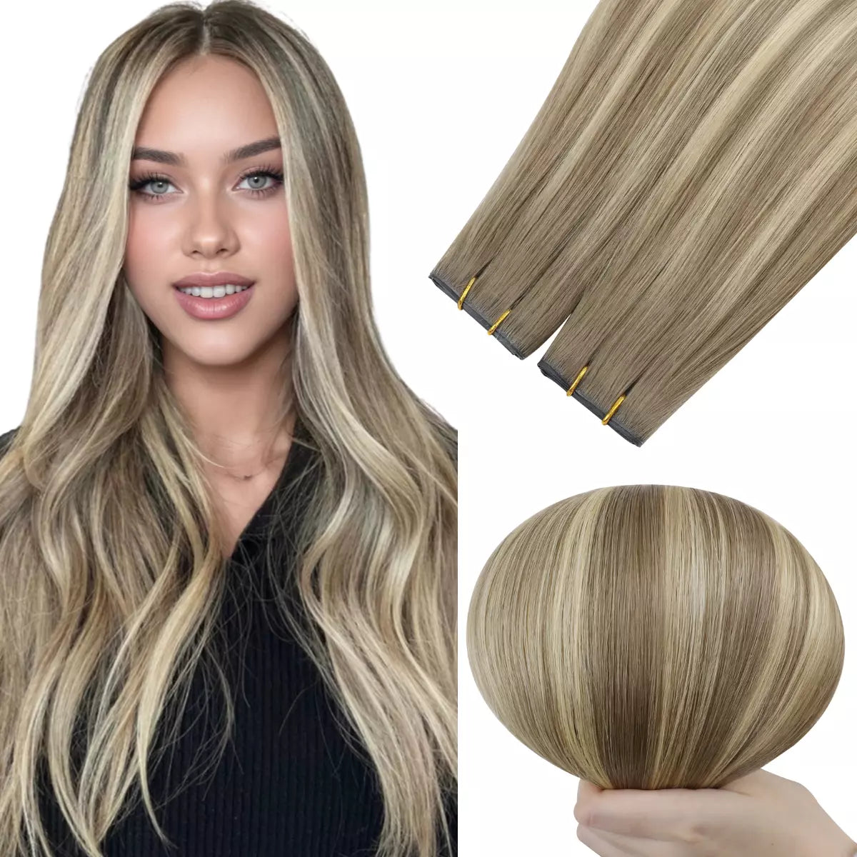 Model wearing long wavy ombre blonde human hair butterfly weft extensions