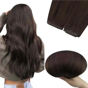 real virgin hair, pu hole weft extensions, dark brown human hair, sew in hair pieces, soft finish, butterfly invisible weft, pu skin hair extensions, dark brown, double tape
