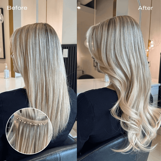Before and after comparison of blonde hair extensions with a close-up detail.