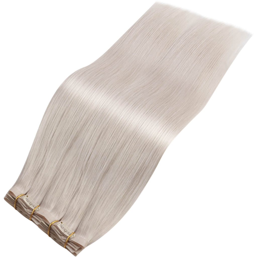 Moresoo PU Seamless Clip Ins White Blonde Silky Real Human Hair ...