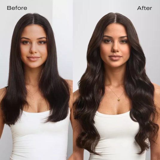 Before and after comparison of a woman's hair with a hair extension.