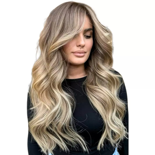 Blonde highlights invisible tape in weft hair extensions on a white background