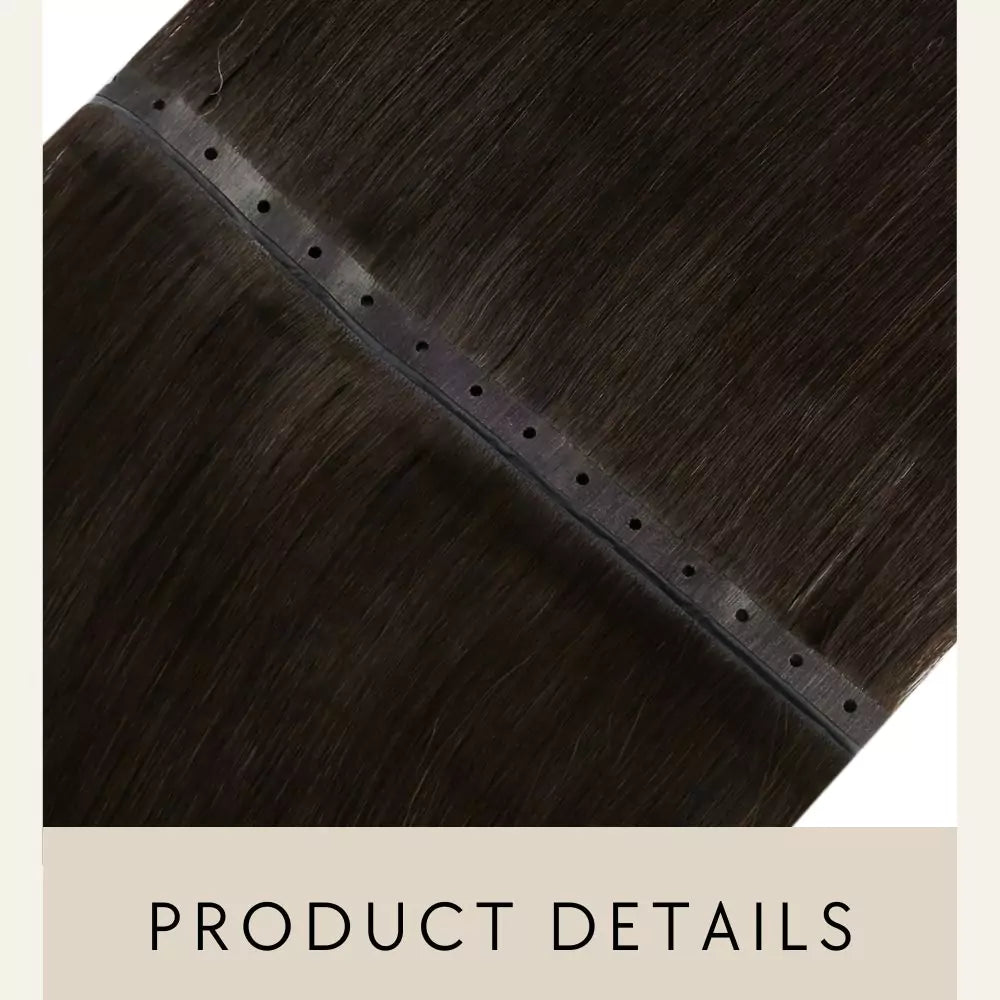 xo invisible weft, butterfly weft extensions, dark brown virgin hair, double tape, pu hole weft

