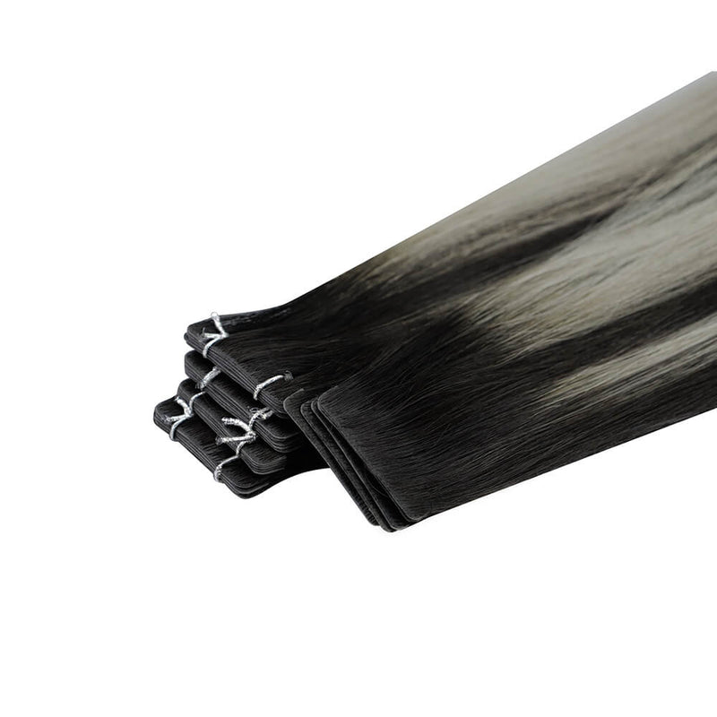 Load image into Gallery viewer, Moresoo black silver balayage hair extensions, high-quality balayage tape ins, 18-inch black silver balayage tape ins, invisible black silver balayage hair, luxurious silver balayage extensions, smooth black silver balayage, salon-quality balayage extensions, natural black and silver balayage hair, seamless black and silver tape ins, premium black silver balayage hair
