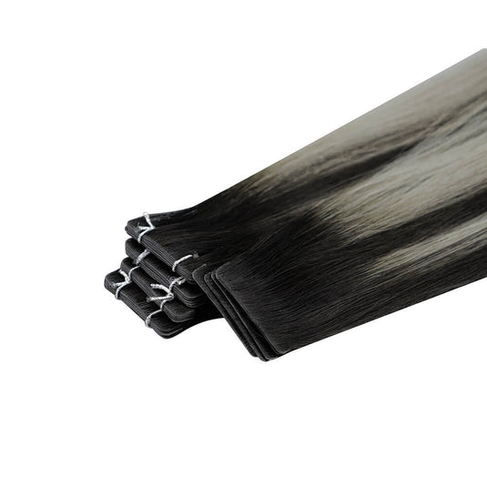 Moresoo black silver balayage hair extensions, high-quality balayage tape ins, 18-inch black silver balayage tape ins, invisible black silver balayage hair, luxurious silver balayage extensions, smooth black silver balayage, salon-quality balayage extensions, natural black and silver balayage hair, seamless black and silver tape ins, premium black silver balayage hair