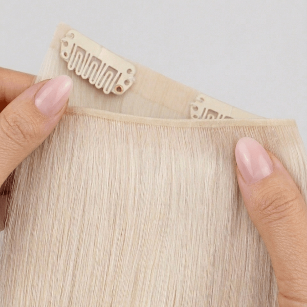 Blonde hair extensions held by a hand with a neutral background