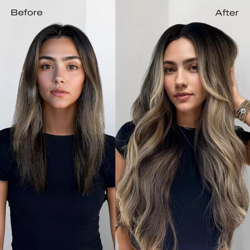 Load image into Gallery viewer, Before and after comparison of a woman&#39;s hair with a hair extension.
