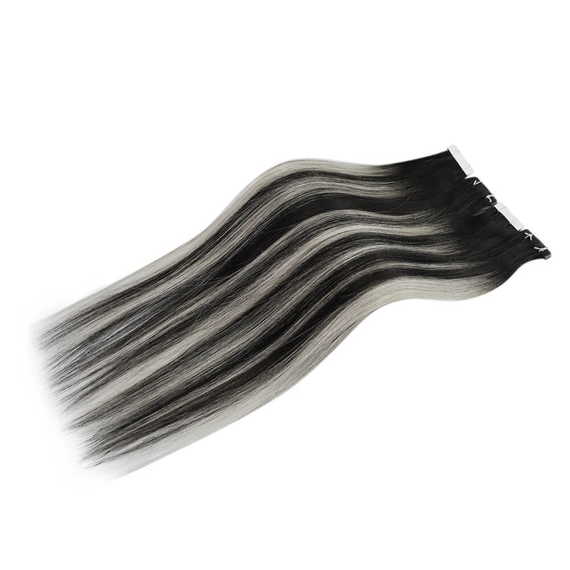 Load image into Gallery viewer, Moresoo black silver balayage tape ins, high-quality black silver balayage extensions, 14-inch black silver balayage hair, invisible balayage tape ins for silver hair, salon-quality silver balayage extensions, seamless black and silver balayage, premium black silver extensions, luxurious balayage hair, smooth black silver balayage tape ins, natural black silver balayage hair
