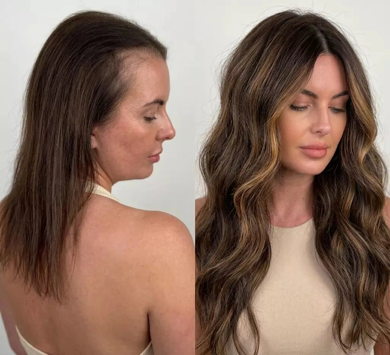 Before and after comparison of a woman with long, wavy hair.