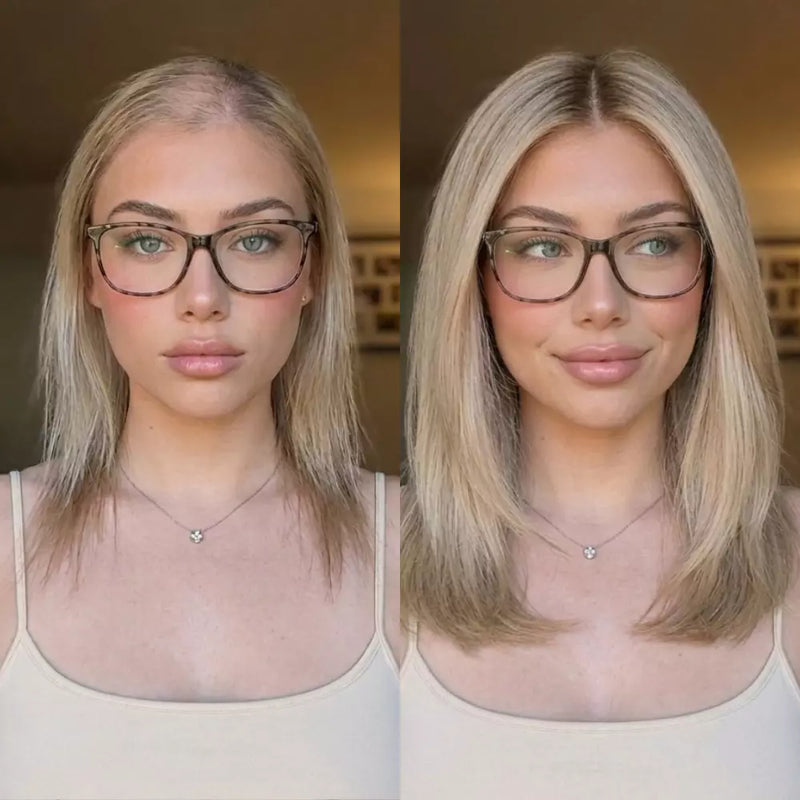 Side-by-side comparison of a woman with glasses wearing a blonde hair topper.
