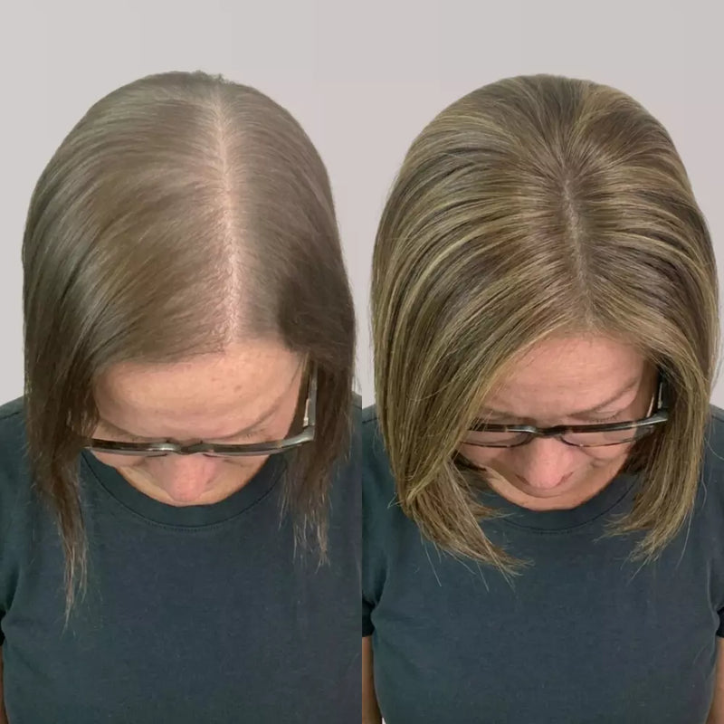 Side-by-side comparison of a woman with glasses wearing a brown hair topper.