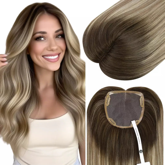 Real hair topper for thinning crown Blonde human hair topper Best hair topper for women Balayage brown mixed blonde real human hair