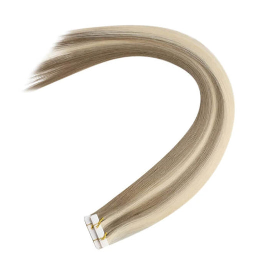 Moresoo light brown to golden blonde ombre tape-ins, 16-inch extensions, premium balayage hair, natural brown blonde mix, high-quality golden blonde highlights, seamless tape-in extensions, invisible balayage, luxurious light brown blonde mix, smooth balayage highlights, salon-quality hair extensions