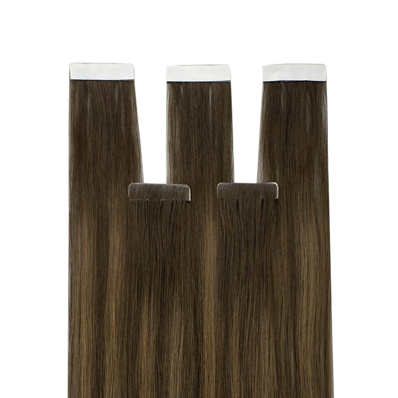 Load image into Gallery viewer, Moresoo medium brown balayage tape in, 14-inch balayage tape ins, smooth brown balayage hair, seamless balayage extensions, invisible brown balayage extensions, salon-quality balayage hair, premium brown balayage extensions, luxurious balayage tape ins, medium brown balayage tape ins, high-quality balayage extensions, medium brown hair balayage extensions, invisible tape ins for medium brown balayage
