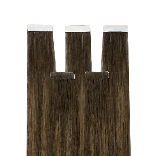 Moresoo medium brown balayage tape in, 14-inch balayage tape ins, smooth brown balayage hair, seamless balayage extensions, invisible brown balayage extensions, salon-quality balayage hair, premium brown balayage extensions, luxurious balayage tape ins, medium brown balayage tape ins, high-quality balayage extensions, medium brown hair balayage extensions, invisible tape ins for medium brown balayage