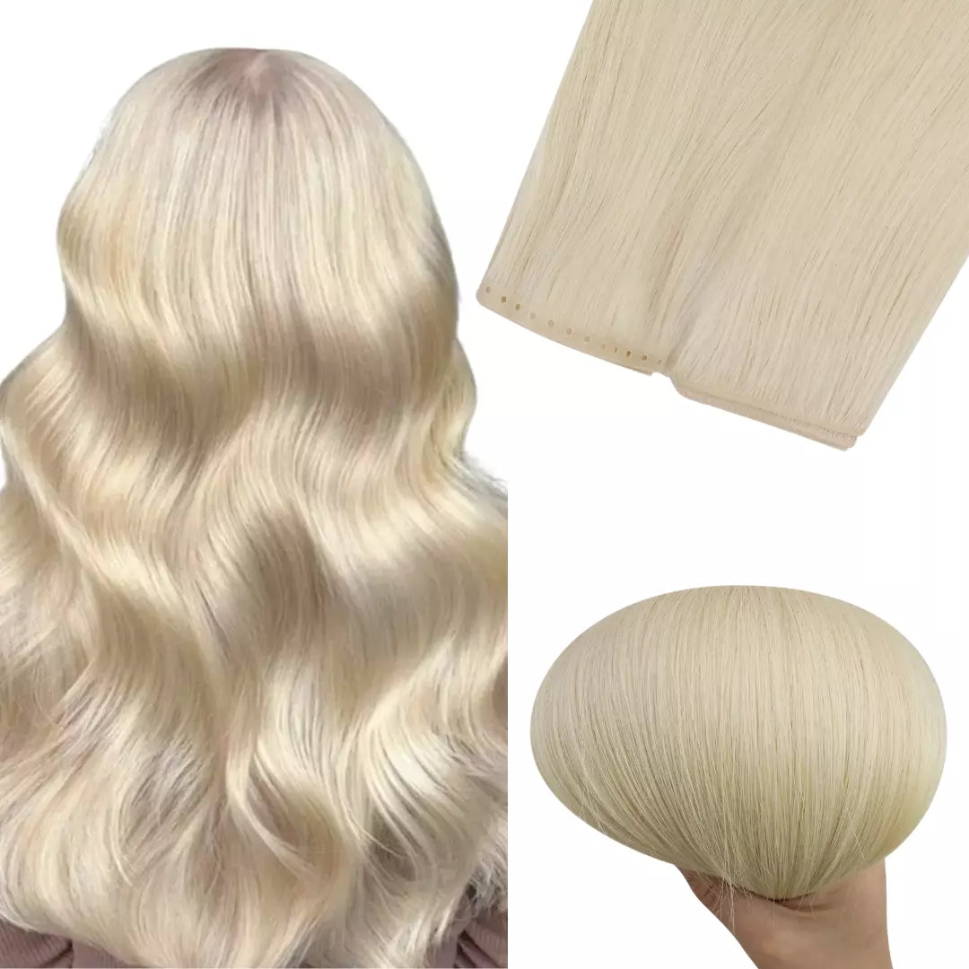 invisible flat weft, pu hole skin weft, light blonde, seamless human hair, real human hair extensions