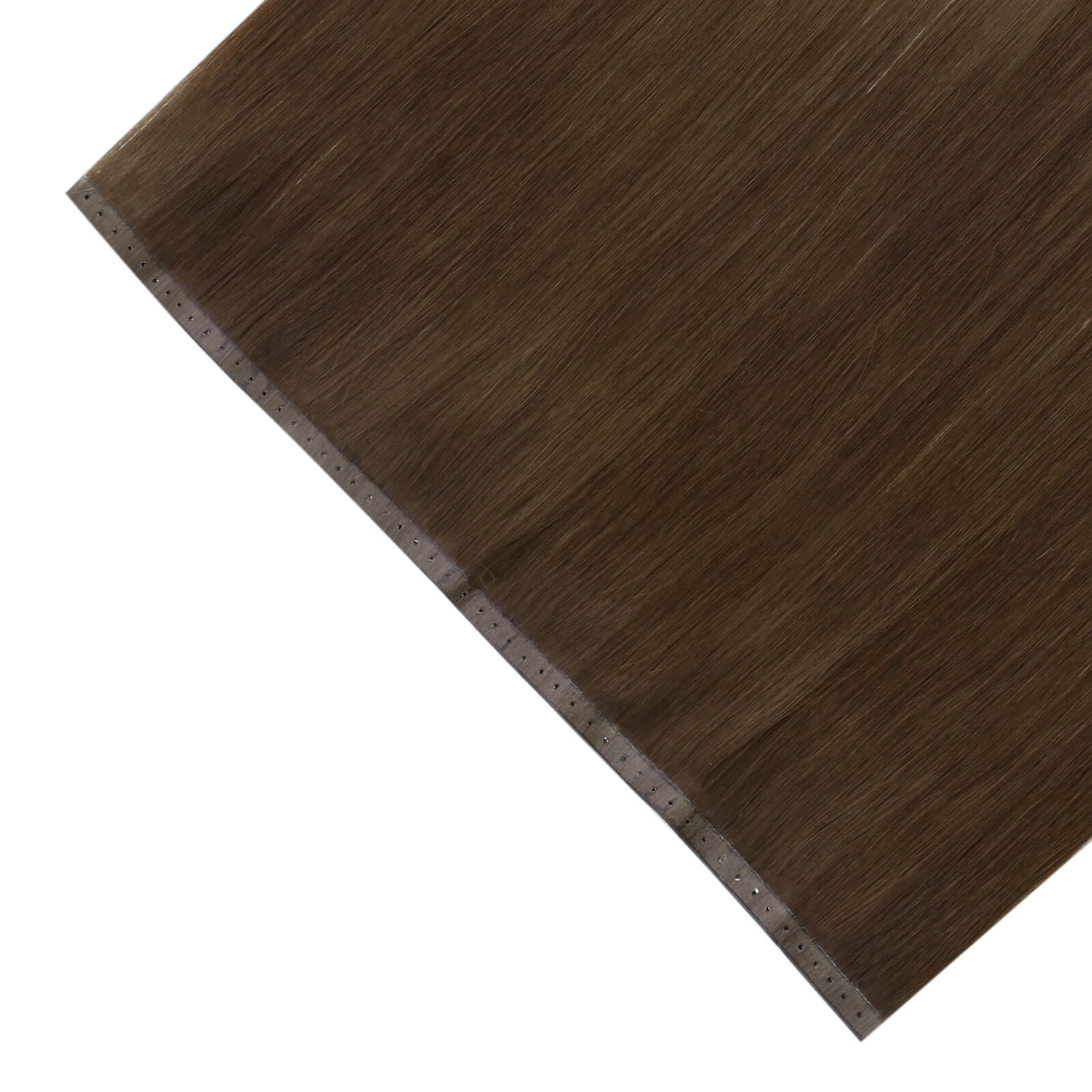 real human hair extensions, dark brown weft, pu skin with holes, flat invisible weft, natural color