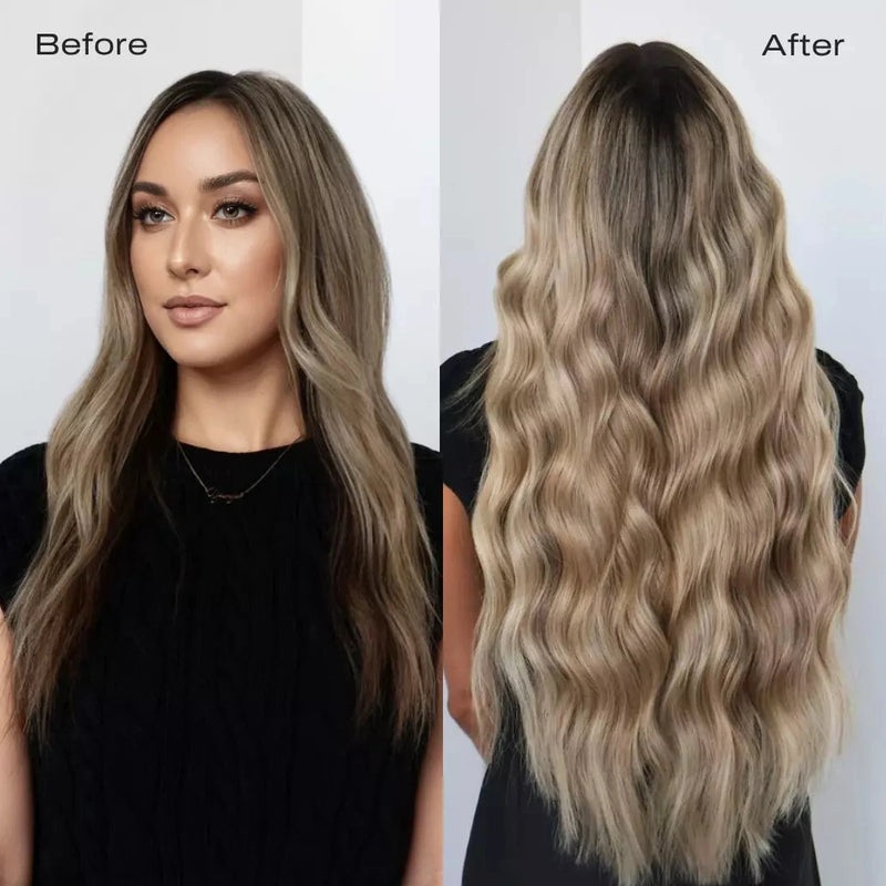 Load image into Gallery viewer, Before and after comparison of a woman&#39;s hair with a hair extension.
