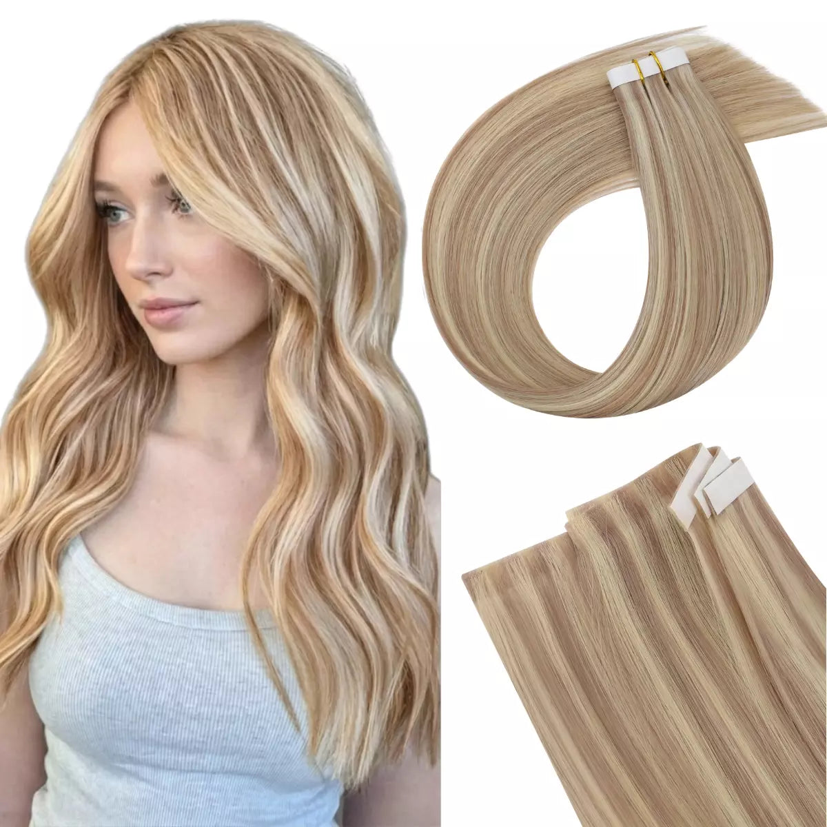 A woman modeling a long, wavy blonde hair extension, shown alongside close-up views of the invisible tape in hair extension bundles on a white background.