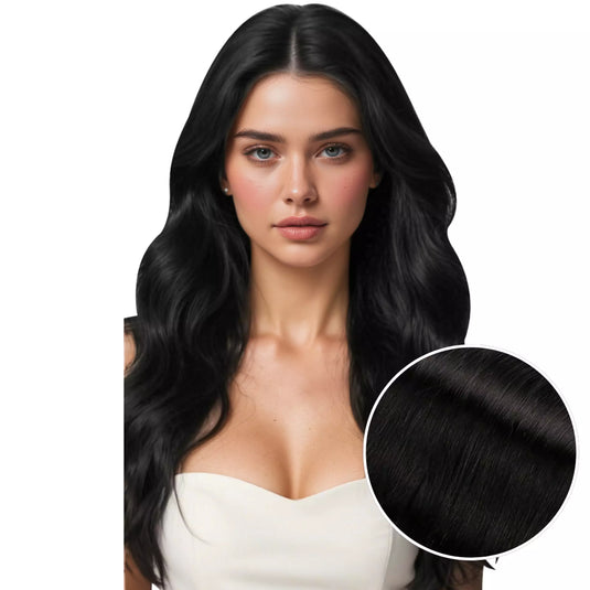 Model with long double weft, with a close-up inset of hair color.