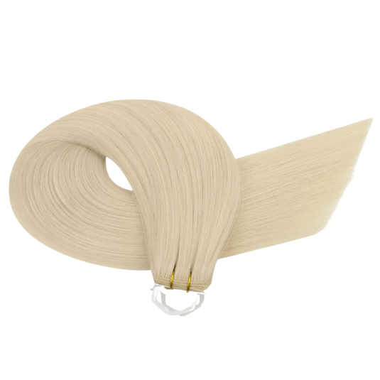Moresoo Light blonde virgin hair bundles, high-quality human hair wefts for sew-in extensions.