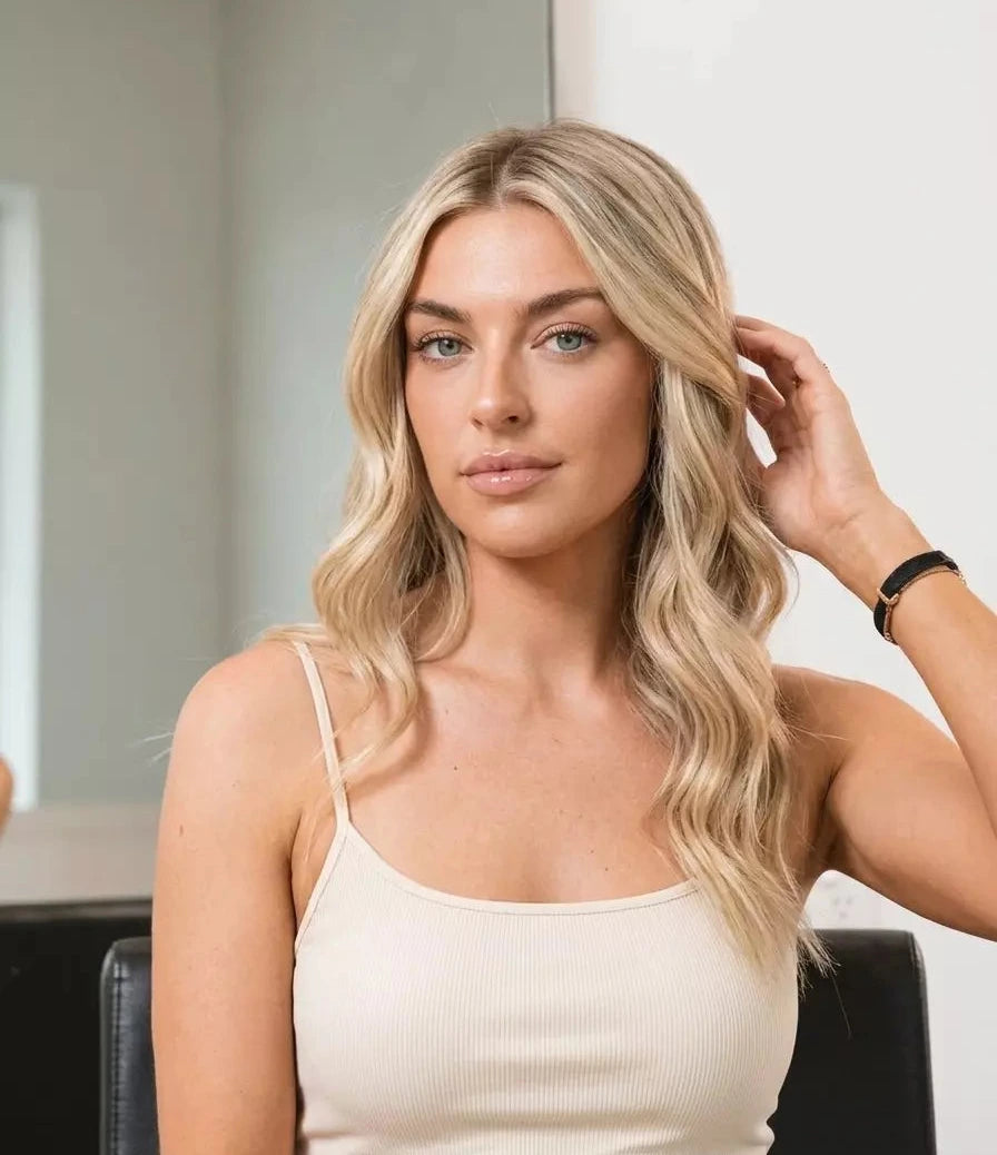 Woman with blonde hair wearing a beige tank top indoors.