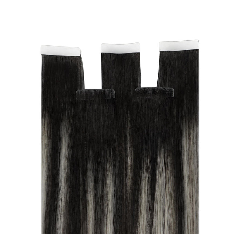 Load image into Gallery viewer, Moresoo black silver balayage tape in extensions, seamless black and silver balayage hair, 18-inch black silver balayage, high-quality black silver extensions, premium invisible balayage tape ins, luxurious silver balayage hair, natural black silver balayage extensions, salon-quality black silver balayage, smooth black silver balayage hair, invisible black silver balayage tape ins
