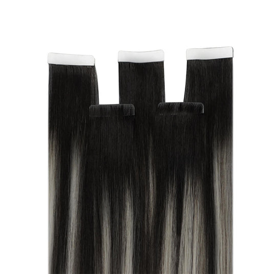 Moresoo black silver balayage tape in extensions, seamless black and silver balayage hair, 18-inch black silver balayage, high-quality black silver extensions, premium invisible balayage tape ins, luxurious silver balayage hair, natural black silver balayage extensions, salon-quality black silver balayage, smooth black silver balayage hair, invisible black silver balayage tape ins