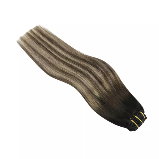 Premium Balayage Black Human Hair Clip In Extensions 7pcs Set