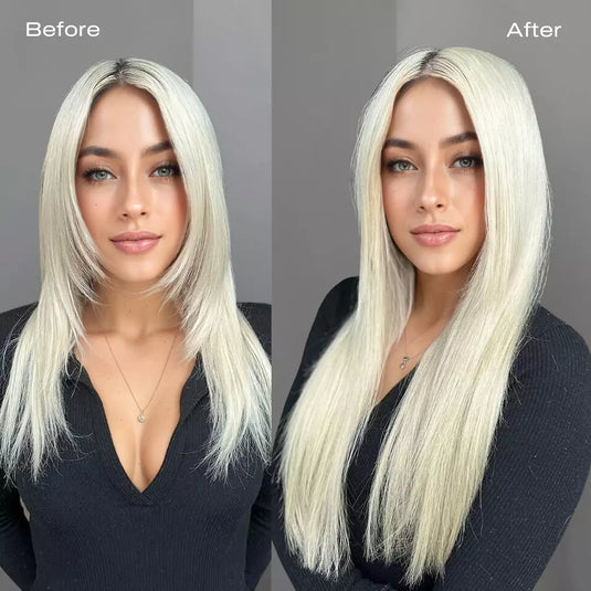 Before and after comparison of a woman's hair with a hair extension.