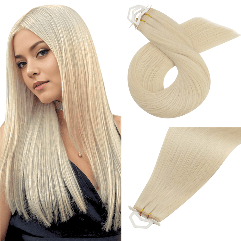Load image into Gallery viewer, virgin machine weft-blonde hair extensions-platinum blonde hair-platinum hair-light blonde hair-human hair extensions
