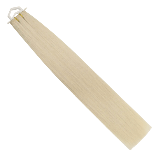 100% virgin Remy human hair machine weft extensions, soft and silky blonde hair for sew-in styles.