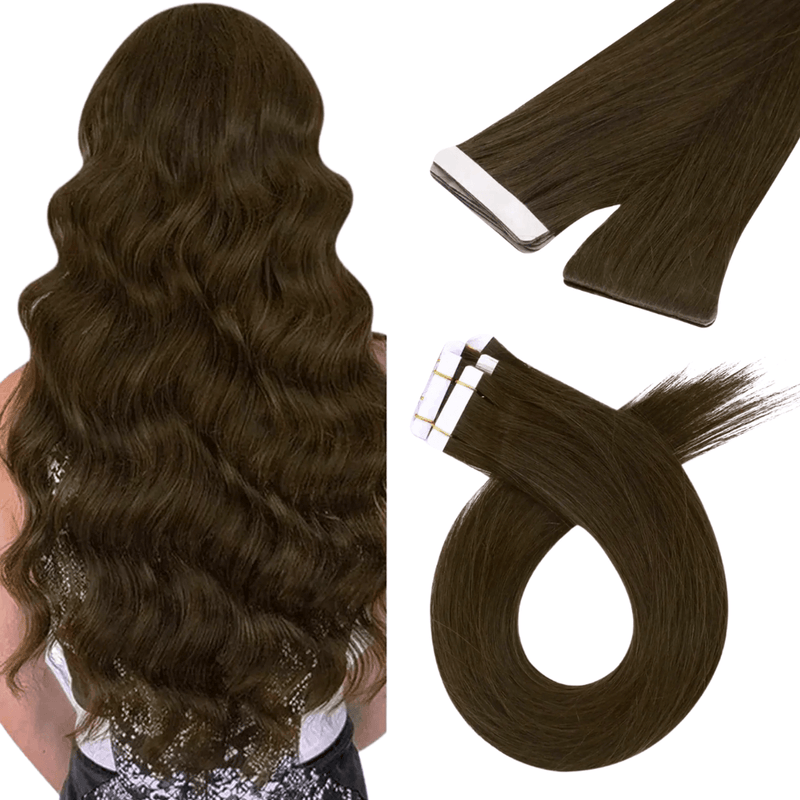 Load image into Gallery viewer, medium brown virgin hair tape in extensions, 14-inch medium brown tape in extensions, seamless tape in extensions, invisible tape in hair extensions, natural medium brown hair, high-quality tape in extensions, medium brown hair extensions, 16-inch brown tape in extensions
