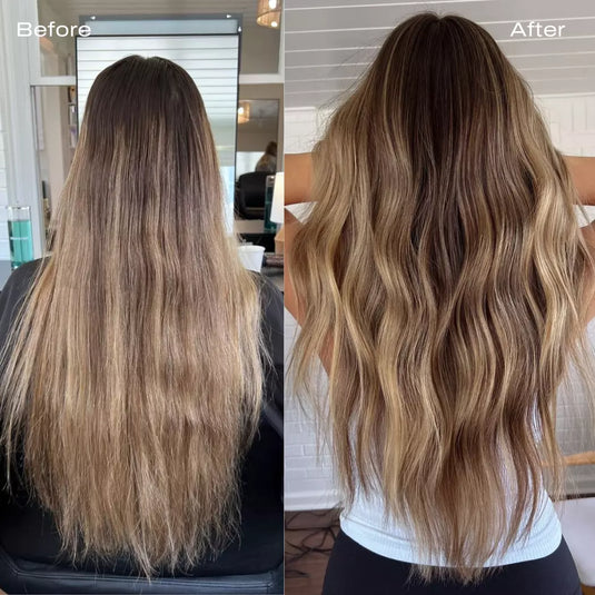 Before and after transformation with Moresoo Butterfly Weft Virgin Human Hair in Balayage Brown 