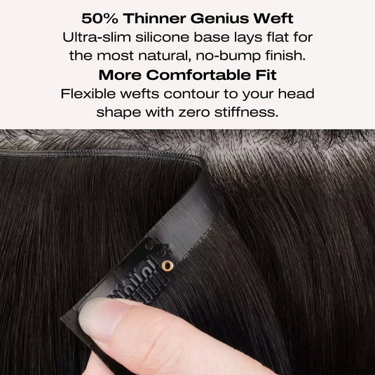 Ultra-Thin Genius Weft Clip-In Extensions – Invisible, lightweight, and comfortable with silicone-based wefts 50% thinner for a seamless, bump-free fit. 