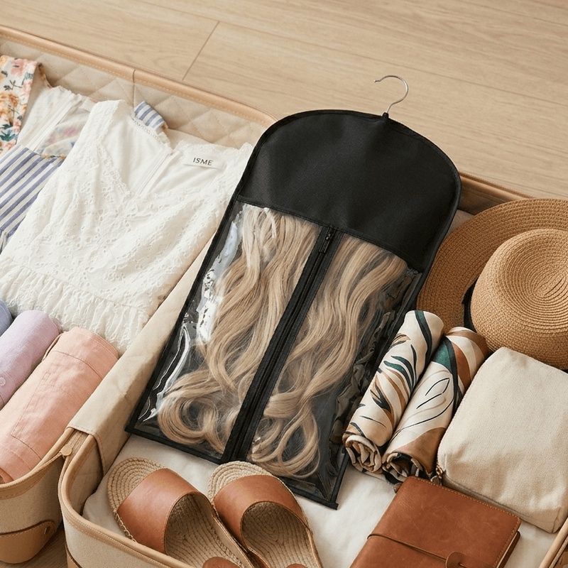 Load image into Gallery viewer, Open suitcase with folded clothes, a hat, and a bag on a wooden floor.
