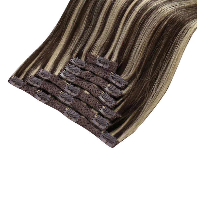 Load image into Gallery viewer, Moresoo 16 inch 100% human hair clip in extensions brown with blonde highlights straight hair
