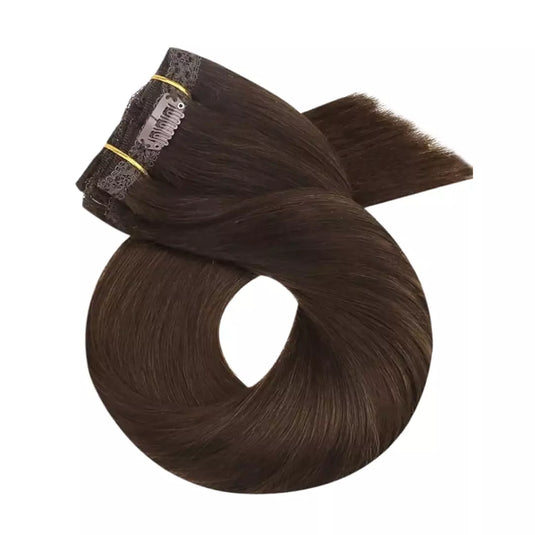 Seamless clip in human hair extensions brown color 18 inch super soft for women