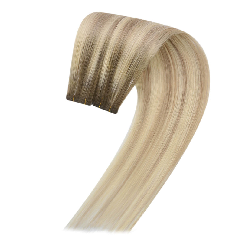 Load image into Gallery viewer, virgin hair injection tape in extensions 
invisible seamless virgin hair injection tape in hair extensions moresoo hair brown highlight hair salon quality hair
